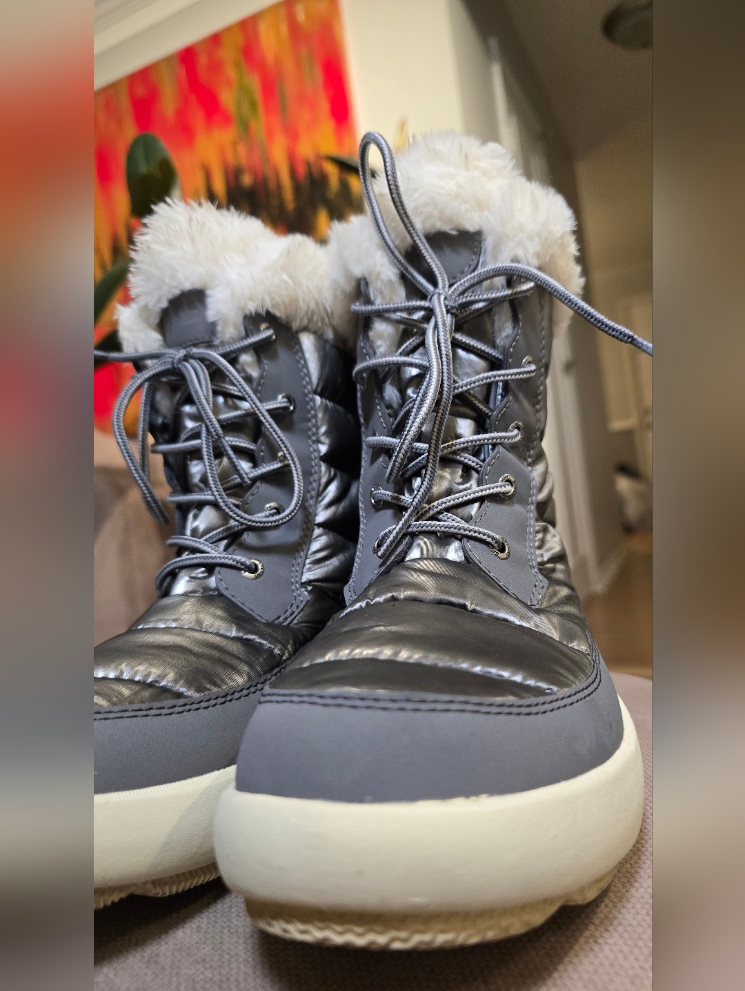 Sperry Gray Quilted Winter Snow Boots White Faux Fur Collar Plushwave Womens 8m